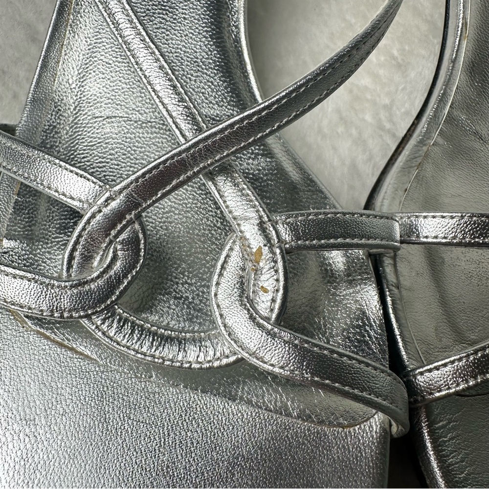 Stuart Weitzman Made in Spain  Silver Satin Strappy Leather Sole Heels Size 10 - Picture 8 of 15